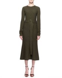 Victoria Beckham Jewel-Neck Long-Sleeve Belted A-Line Wool Midi Dress at Neiman Marcus