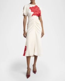 Victoria Beckham Ruched Floral Print Viscose Midi Dress at Neiman Marcus