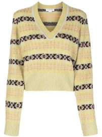 Victoria Beckham V neck Metallic weave Wool blend Jumper In Lime Fairisle at Farfetch