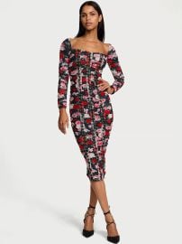Victorias Secret Noir Floral Shirred Mesh Lace Up Midi Dress at Victorias Secret