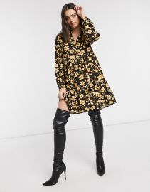 Vila long sleeve smock dress in yellow floral print at ASOS