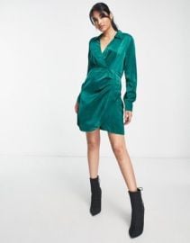 Vila satin wrap front mini dress in green at ASOS