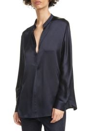 Vince Band Collar Silk Blouse in Black at Nordstrom