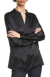 Vince Band Collar Silk Blouse in Black at Nordstrom