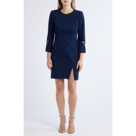 Vince Camuto Brooch Detail Long Sleeve Crepe Shift Dress at Nordstrom