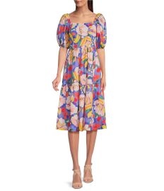 Vince Camuto Elbow Puff Sleeve Square Neck Floral Poplin Flounce Midi Dress Dillardx27s at Dillards