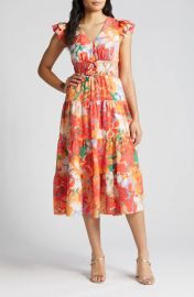 Vince Camuto Floral Print Tiered Ruffle Sleeve Midi Dress at Nordstrom