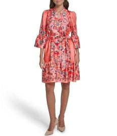 Vince Camuto Floral Print V-Neck 3/4 Sleeve Belted A-Line Dress at Dillards