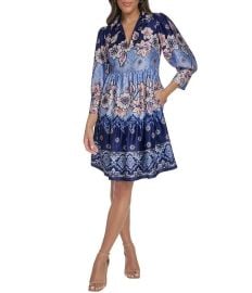 Vince Camuto Knit Printed Collared 3/4 Sleeve Tiered Trapeze Dress at Dillards