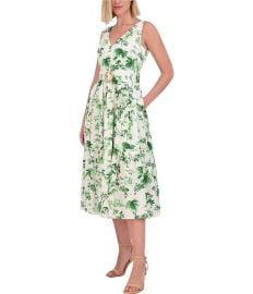 Vince Camuto Leaf Print V-Neck Sleeveless Belted Hardware Detail Midi A-Line Dress Dillardx27s at Dillards