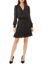 Vince Camuto Metallic Dot Long Sleeve Smocked Waist Dress at Nordstrom