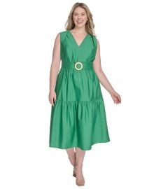 Vince Camuto Plus Size Cotton Belted Tiered Sleeveless Midi Dress - Macys at Macys