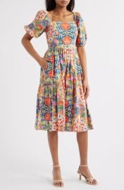 Vince Camuto Print Square Neck Puff Sleeve Midi Dress at Nordstrom