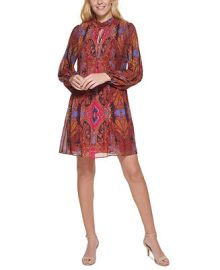 Vince Camuto Printed Chiffon Tie-Neck Pleated Dress - Macys at Macys