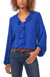 Vince Camuto Ruffle Neck Long Sleeve Georgette Blouse in Vivid Blue Size Xx-Small at Nordstrom