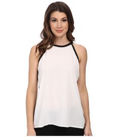 Vince Camuto Sleeveless Back Tie Halter Blouse w Solid Trim Ultra White at Zappos