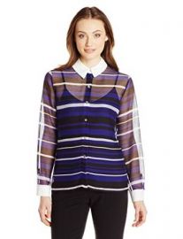 Vince Camuto Women  39 s Long-Sleeve Zen Multi-Stripe Blouse at Amazon