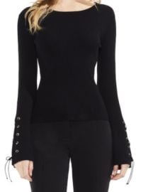 Vince Camuto Womens Lace-Up Bell Sleeve Ribbed Sweater Rich Black SM One Size eBay at eBay