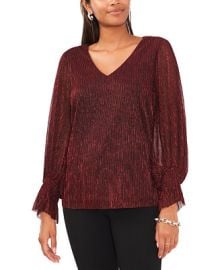 Vince Camuto Womens Metallic V-Neck Sheer-Sleeve Top - Macys at Macys