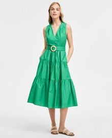 Vince Camuto Womens Pleat-Neck Cotton Sleeveless Dress - Macys at Macys