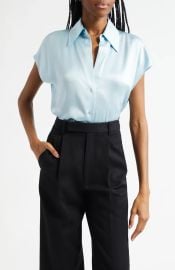 Vince Cap Sleeve Gathered Back Short Sleeve Silk Button Up Shirt in Celeste at Nordstrom