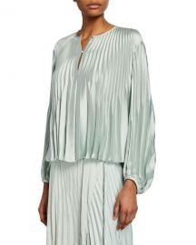 Vince Chevron Pleated Blouson-Sleeve Blouse at Neiman Marcus