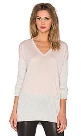 Vince Colorblock Easy Fit V-Neck Sweater in New Buff and Heather Cloud at Revolve