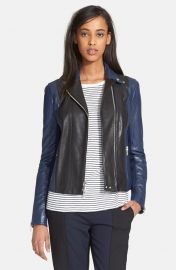 Vince Colorblock Leather Moto Jacket in Black and Blue at Nordstrom