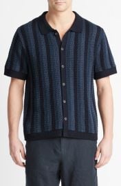 Vince Crochet Stripe Short Sleeve Button-Up Cotton Sweater at Nordstrom