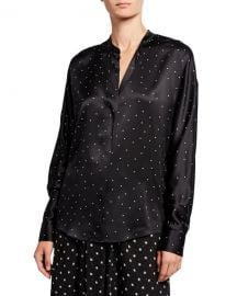 Vince Dot-Print Long-Sleeve Silk Popover Top at Neiman Marcus