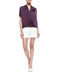 Vince Draped Satin Wrap Blouse and Pintucked Relaxed Jacquard Shorts at Neiman Marcus