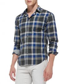 Vince Large-Plaid Poplin Shirt BlueGray at Neiman Marcus