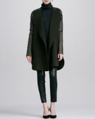 Vince Leather-Sleeved Double-Face Wool Coat Traveling Rib-Knit Turtleneck and Zipper-Cuff Cropped Leather Leggings at Neiman Marcus