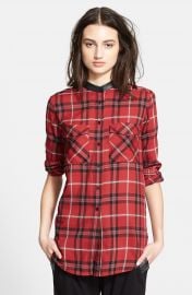 Vince Leather Trim Plaid Long Sleeve Shirt at Nordstrom