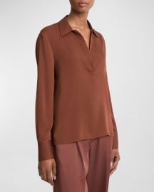 Vince Long-Sleeve Silk Pullover Polo Top at Neiman Marcus