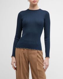 Vince Merrow-Trim Long-Sleeve Ribbed Crewneck Top at Neiman Marcus