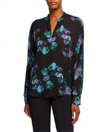 Vince Painted Floral Button-Front Long-Sleeve Silk Blouse at Neiman Marcus