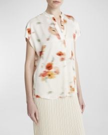 Vince Poppy Blur Band-Collar Popover Silk Blouse at Neiman Marcus