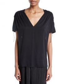 Vince Shirred Short-Sleeve V-Neck Top at Neiman Marcus