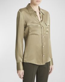 Vince Silk Chest Pocket Long-Sleeve Blouse at Neiman Marcus