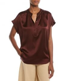 Vince Silk Shirred-Neck Cap-Sleeve Blouse at Neiman Marcus