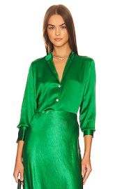 Vince Slim Fitted Band Collar Blouse in Emerald at Revolve