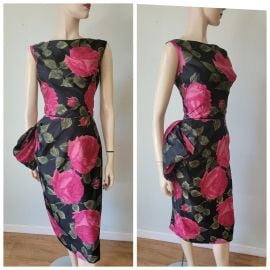 Vintage 1950s Satin Hourglass cocktail dress with sculptural side pleating and drape bow at Kitty Girl Vintage