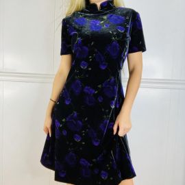 Vintage 80s 90s Mandarin Collar Black and Purple Floral Velvet Velour Dress at Etsy
