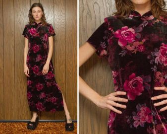 Vintage 90s Purple Black Short Sleeve Rose Print Velvet Flower Floral Pattern High Neck Cheongsam Thai Asian Japanese Long A Line Dress at Etsy