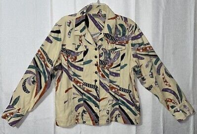 Vintage Chicos Sz 2 Large Linen Blend Button Up Jacket Multicolor Artsy eBay at eBay