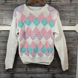 Vintage Chunky Pastel Textured Diamond Checkerboard Sweater Sz S White Spring eBay at eBay