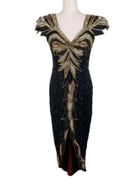 Vintage Dresses Vintage 8s Silk Beaded Evening Gown Dress Black Gold Size Large Gatsby Art Deco Poshmark at Poshmark