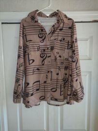 Vintage Music print blouse button up long sleeve taupe black XL - Excellent eBay at eBay