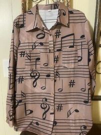 Vintage Music print blouse button up long sleeve taupe black XL eBay at ebay